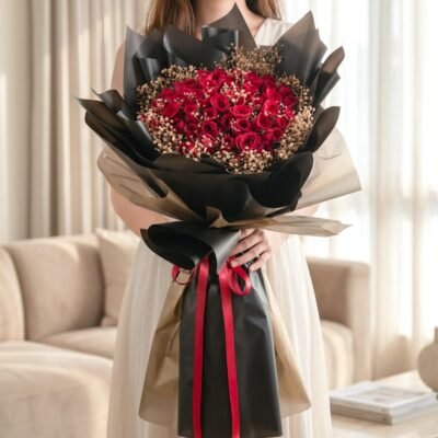 Buy Grand Luxury Red Roses Bouquet in Black & Gold online in Jaipur for luxury flower gifting