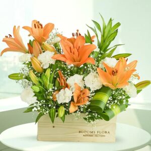Buy Orange Lilies Wooden Box Arrangement online in Jaipur for special occasions