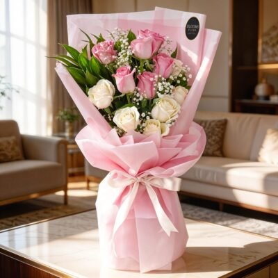 Fresh Pink and white roses bouquet for birthdays, anniversaries and celebrations in Jaipur