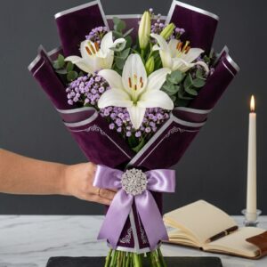 Buy White Lilies in Purple Velvet online in Jaipur for premium flower gifting