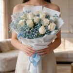 Buy White roses with blue gypsophila bouquet online in Jaipur for elegant gifting