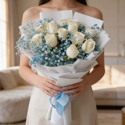 Buy White roses with blue gypsophila bouquet online in Jaipur for elegant gifting
