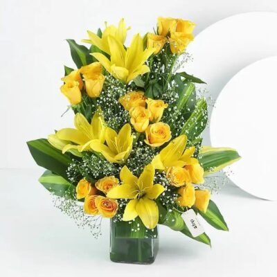 Buy Yellow roses and asiatic lilies arrangement online in Jaipur for birthdays and special occasions