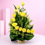 Yellow roses basket arrangement with fresh yellow roses available for online flower delivery in Jaipur