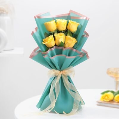 Fresh Yellow Roses Bouquet in Teal Wrap flower bouquet available in Jaipur
