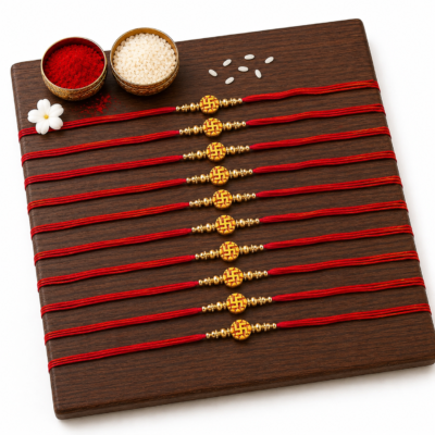 Swastik Rakhi Combo 10 Pcs with Red Thread and Golden Swastik Design
