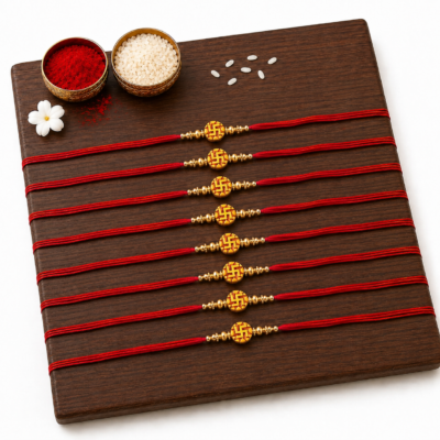 Swastik Rakhi Combo Set of 8 with Traditional Red Thread and Golden Design