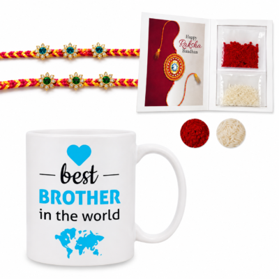 Raksha Bandhan brother gift mug with 2 designer Rakhis, a greeting card, and roli and chawal GiftNexa Jaipur