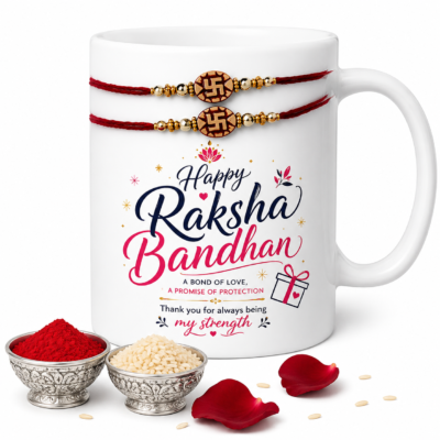 Raksha Bandhan gift combo with printed ceramic mug, 2 rakhis, roli and chawal