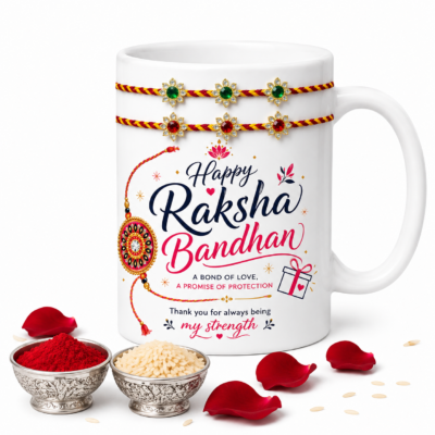 Raksha Bandhan gift combo with printed ceramic mug, 2 rakhis, roli and chawal