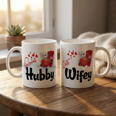 Hubby Wifey Mug Set with Handsome Hubby and Cute Wifey designs, GiftNexa Jaipur